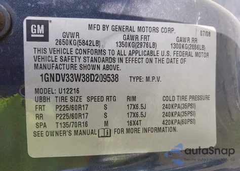 2008 Chevrolet Uplander Lt z USA, uszkodzony, nr VIN 1GNDV33W38D209538